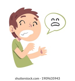 Frightened Boy, Kid with Sad Face Symbol in Speech Bubble Cartoon Style Vector Illustration