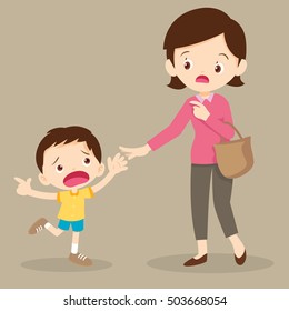  Frightened Boy Pulling His Mother's Hand While Pointing at Something.children want to buy something.