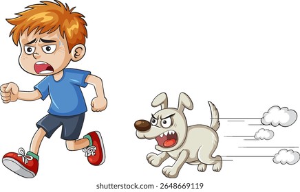 A frightened boy runs from an angry dog in a colorful vector illustration with dynamic motion lines