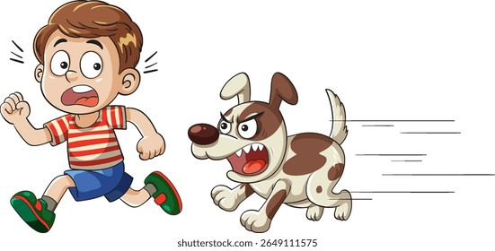 Garoto assustado corre de um cachorro irritado em uma ilustração vetorial colorida, enfatizando o humor e a ação