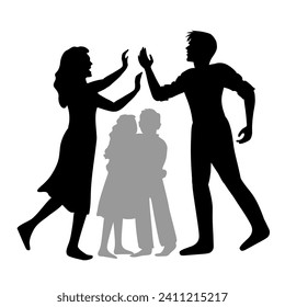 Frightened brother and sister hug and angry parents quarrel. Aggressive father, screaming mother are fighting Hand drawn vector illustration, domestic violence, abuse, protection, help social services