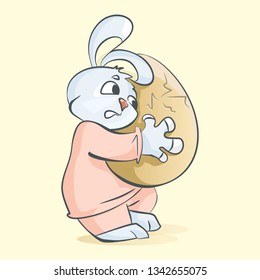 frightened bunny holds a golden egg before hatching a chicken. Vector illustration