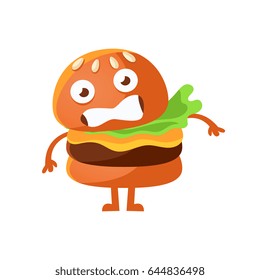 Frightened burger with big eyes. Cute cartoon fast food emoji character vector Illustration