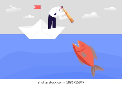 Frightened Business Character Looking through Spyglass in Ocean Water with Huge Fish. Business Man on Paper Boat Avoid Crisis, Bankruptcy Situation, Prevent Hidden Danger. Cartoon Vector Illustration
