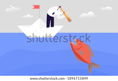 Frightened Business Character Looking through Spyglass in Ocean Water with Huge Fish. Business Man on Paper Boat Avoid Crisis, Bankruptcy Situation, Prevent Hidden Danger. Cartoon Vector Illustration