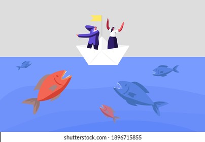 Frightened Business Characters Escape Attack of Huge Fish in Sea. Business People on Paper Boat Avoid Crisis, Finance Bankruptcy. Dangerous Situation, Hidden Danger. Cartoon Vector Illustration