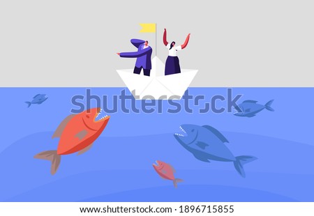 Frightened Business Characters Escape Attack of Huge Fish in Sea. Business People on Paper Boat Avoid Crisis, Finance Bankruptcy. Dangerous Situation, Hidden Danger. Cartoon Vector Illustration