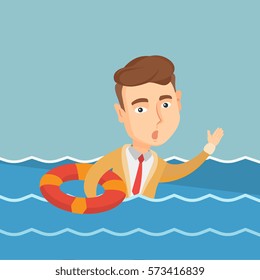 Frightened business man sinking and asking for help. Afraid caucasian business man with lifebuoy sinking and waving. Concept of failure in business. Vector flat design illustration. Square layout.