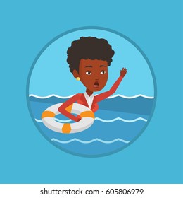 Frightened business woman sinking and asking for help. Afraid business woman with lifebuoy sinking. Concept of failure in business. Vector flat design illustration in the circle isolated on background