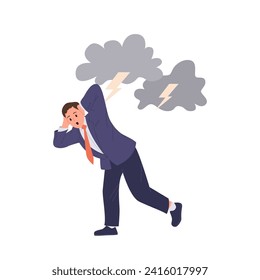 Frightened businessman cartoon character in fear and panic suffering from thunderstorm phobia