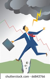 Frightened businessman jumping a chasm or split in the earth as lightening from storm clouds is about to strike him. Background graph of falling sales. Failure and bankruptcy theme.