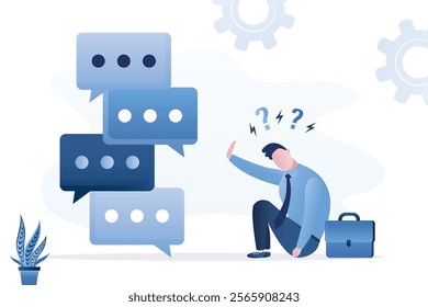 Frightened businessman refuses to talk. Fear of negotiations, psychological pressure, burnout. Misunderstanding, business conflict. Stack of speech bubbles. flat vector illustration