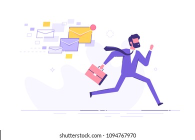 A frightened businessman is running away from a plenty emails chasing him. Modern character design. Vector illustration.