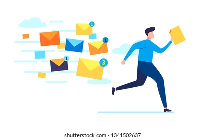 A frightened businessman is running away from a plenty emails chasing him. Modern character design. Vector flat cartoon style illustration