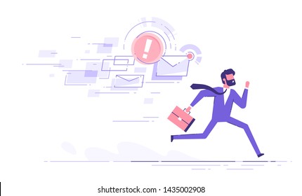 A frightened businessman is running away from a plenty emails chasing him. Modern character design. Vector illustration.