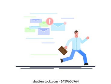 Frightened businessman is running away from a plenty emails chasing him. Effective management. Vector illustration - vector