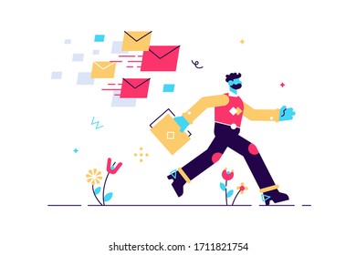 A frightened businessman is running away from a plenty emails chasing him. Modern character design. Vector illustration. Flat style modern design vector illustration 
for web page, cards, poster