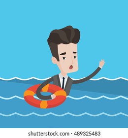 Un empresario asustado se hunde y pide ayuda. Empresario con anillo de salvavidas en agua. Concepto de quiebra empresarial y quiebra empresarial. Ilustración de diseño plana vectorial. Diseño cuadrado.