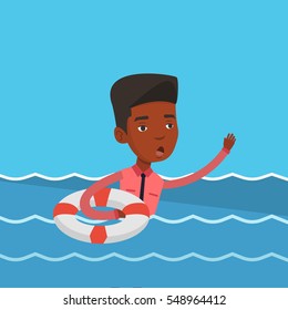 Frightened businessman sinking and asking for help. An african-american businessman with lifebuoy sinking and waving. Concept of failure in business. Vector flat design illustration. Square layout.