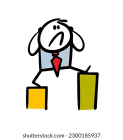 Frightened businessman steps across the abyss to a new level and is afraid. Vector illustration of an insecure stickman.