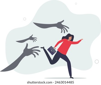 frightened businesswoman running away from creepy monster hand chasing.flat vector illustration.