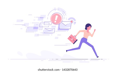 A frightened businesswoman is running away from a plenty emails chasing her. Modern character design. Vector illustration.