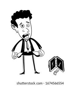 Frightened by the crisis, a man lost all his money. The impact of the crisis on capital. Empty pockets and one dollar in a case for money. 