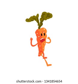 Frightened Carrot, Cute Vegetable Character with Funny Face Vector Illustration