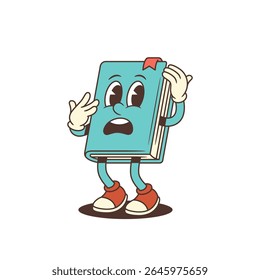Frightened cartoon blue book mascot standing with open mouth and hands on head expressing shock or panic. Ideal for emotional or educational designs. Vector illustration