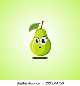 Frightened cartoon pear symbol. Cute icon of the pear isolated on green background. Vector illustration EPS 10.
