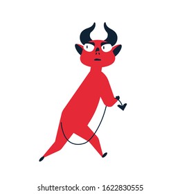 Frightened cartoon red devil running away feeling danger vector flat illustration. Confused little cute monster going away holding tail isolated on white background. Wary agile cunning satan