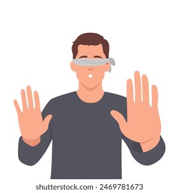 Frightened casual man blindfolded trying to grope road of action in blind. Flat vector illustration isolated on white background