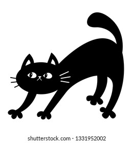 Frightened cat arch back. Scared kitten. Black contour silhouette. Cute funny cartoon kawaii character. Happy Halloween. Sticker print. White background. Flat design. Vector illustration