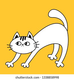 Frightened cat arch back. Scared kitten. Doodle linear sketch. Black contour silhouette. Cute funny cartoon kawaii character. Happy Halloween. Sticker print Yellow background. Flat design Vector