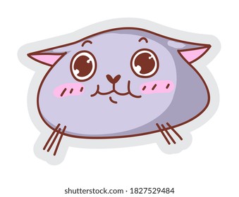 Frightened cat muzzle. Funny cat head with pinned ear sticker showing frightened scared muzzle expression isolated on white background. Cute kitten scary emoticon vector illustration