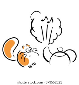 Frightened cat and teapot 