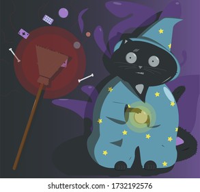 Frightened cat wizard conjures with a magic ball and makes the broom, cards and bones fly