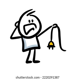 Frightened character holding a torn cord with a plug for an outlet in his hand. Vector illustration of a stickman without electricity.  Cartoon image isolated on white background.