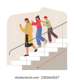 Los Personajes Asustados Se Apoyan Y Se Llaman Entre Sí Mientras Se Descienden Cautelosamente De Las Escaleras Durante Un Tumultuoso Terremoto Observando Las Normas De Seguridad En Accidente. Ilustración de vectores de personas de caricatura