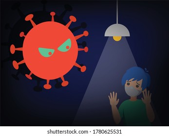 A frightened child in a dark room with a small lamp looks at night at the threatening corona virus
