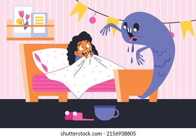 Frightened child girl cannot sleep because she afraid of monsters, flat cartoon vector illustration. Frightened panicking kid experiencing childish fear.