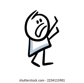 A frightened child in horror covers himself with his hands from the villain or problems. Vector illustration of stick figure boy in fear.