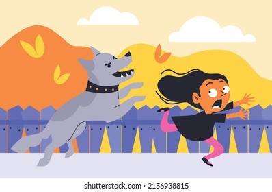 Frightened child in panic runs from an angry dog, flat cartoon vector illustration. Frightened panicking child afraid of dogs. Types and treatment of children's fears.