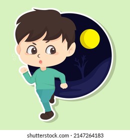 A Frightened Child Running Frantically On A Full Moon Night. Kids Illustration. Afraid Of Ghost. Afraid Of The Dark. Panic And Full Of Sweat.