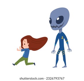Frightened child running from scary monster, cartoon flat vector illustration isolated on white background. Scared girl is afraid of alien. Children fears and phobias.