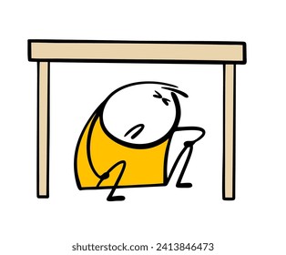 Frightened child  sitting under table, hiding from  fictional monster or violence. Vector illustration of stickman scared, squeezed eyes shut and suffers alone. Need the help of psychologist.