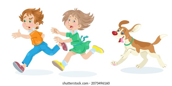 Frightened children run away from a funny dog. In cartoon style. Isolated on white background. Vector flat illustration.