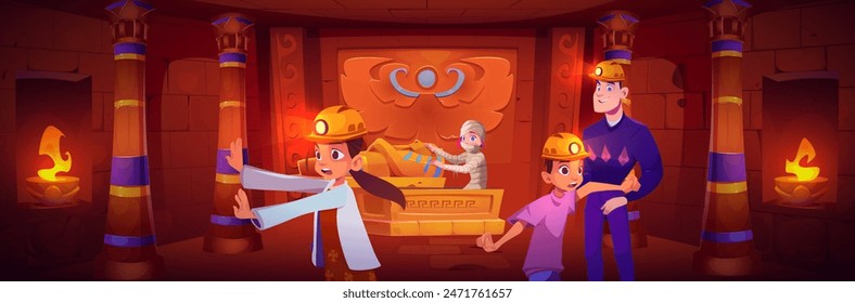 Frightened children run out of Egyptian temple room where mummy in bandage rising from tomb. Cartoon vector scary scenery with revived Egypt pharaoh zombie in sarcophagus in ancient pyramid palace.