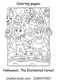 Frightened children in vampire and witch costumes in an enchanted forest. Halloween concept. Coloring book page for children. Vector cartoon illustration. For print, decor, education and game