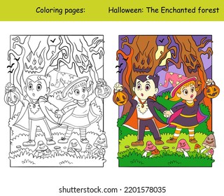 Frightened children in vampire and witch costumes in an enchanted forest. Halloween concept. Kids coloring and color template. Vector cartoon illustration. For print, decor, education and game